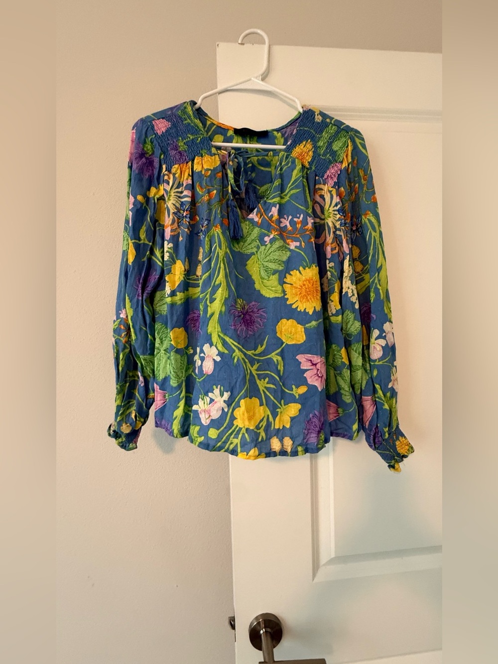 RACHEL Rachel Roy Blue Floral Peasant Blouse with Tie Neck - Picture 2 of 7